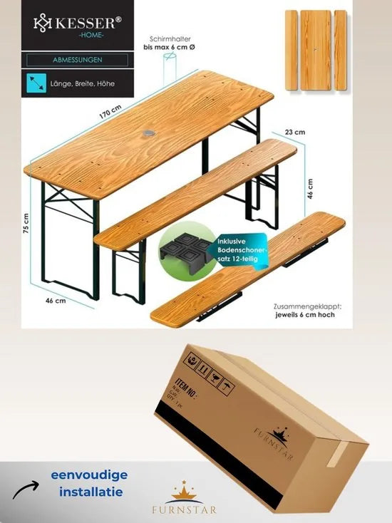 FurnStar - Tuintafel met banken opklapbare tafelset - 170 x 46 x 75 cm - 2 x borrelbanken 1 x tafel - tafelstoelenset hout - 12-delige vloerbeschermer - set 3-delige drink