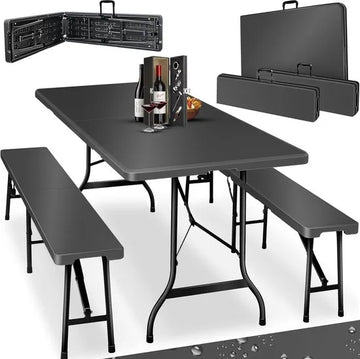 FurnStar - Tuintafel - opvouwbare tafelset 73 x 180 x 75 cm - 2 x borrelbanken 1 x tafel - tuintafel met inklapbaar handvat - Glad zwart