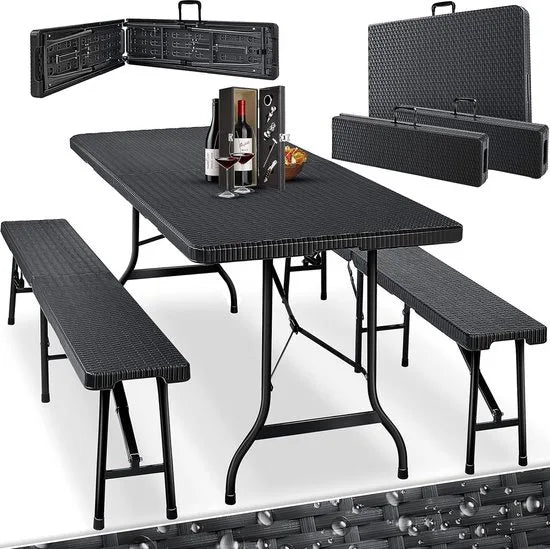 FurnStar - Tuintafel - opvouwbare tafelset 73 x 180 x 75 cm - 2 x borrelbanken 1 x tafel - tuintafel met inklapbaar handvat - Rotan-look
