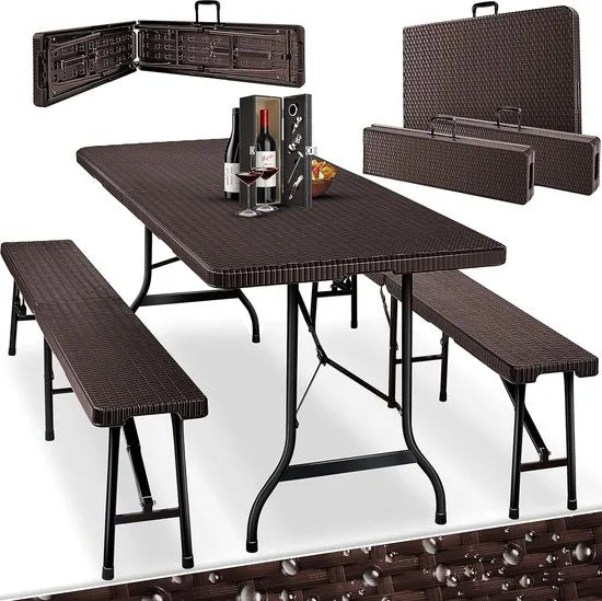 FurnStar - Tuintafel - opvouwbare tafelset 73 x 180 x 75 cm - 2 x borrelbanken 1 x tafel - tuintafel met inklapbaar handvat - Rotan-Look