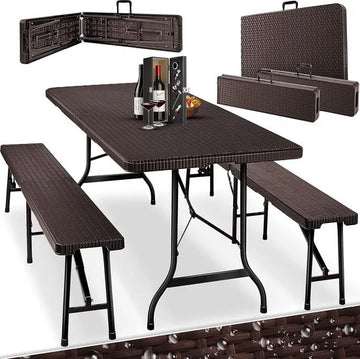 FurnStar - Tuintafel - opvouwbare tafelset 73 x 180 x 75 cm - 2 x borrelbanken 1 x tafel - tuintafel met inklapbaar handvat - Rotan-Look