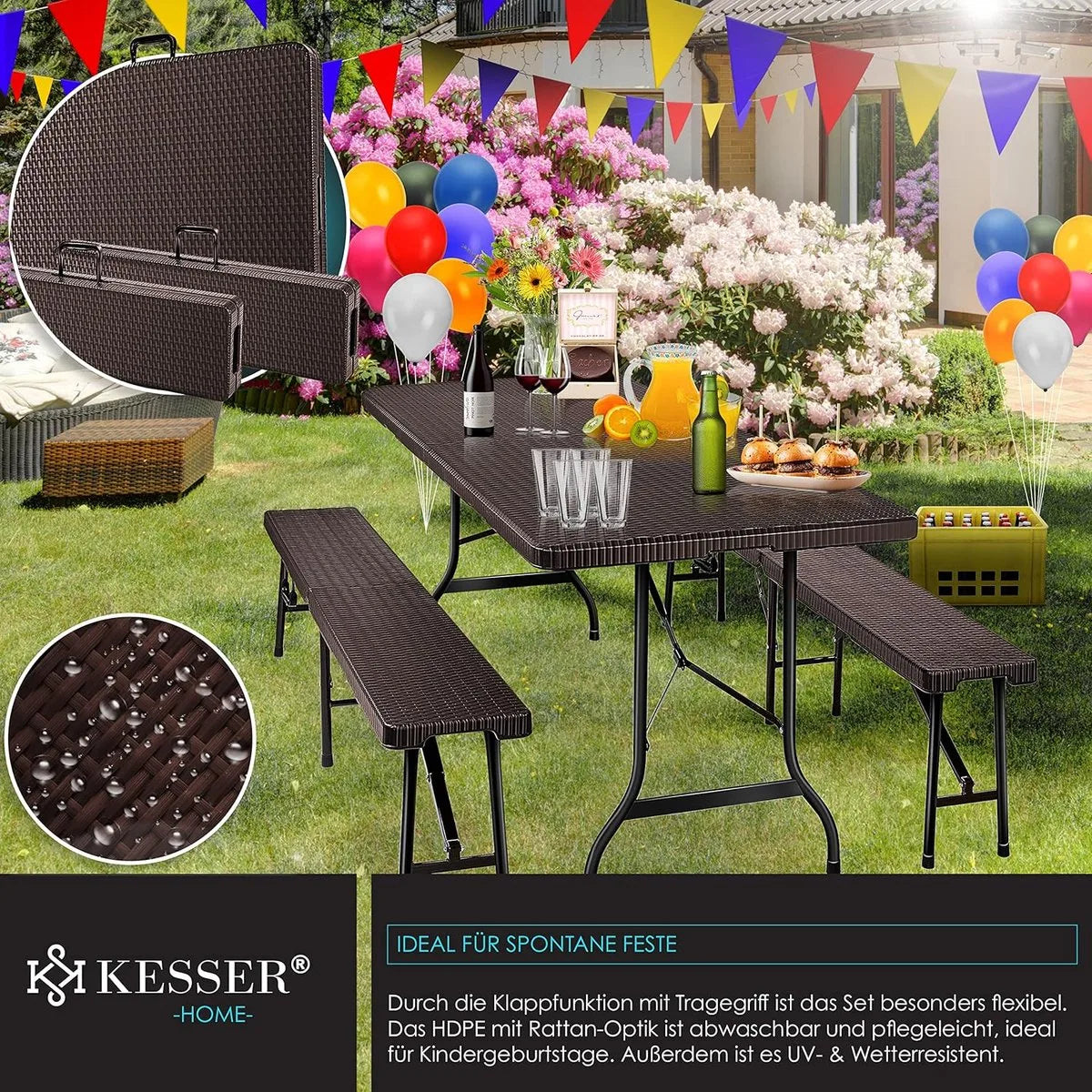 FurnStar - Tuintafel - opvouwbare tafelset 73 x 180 x 75 cm - 2 x borrelbanken 1 x tafel - tuintafel met inklapbaar handvat - Rotan-Look