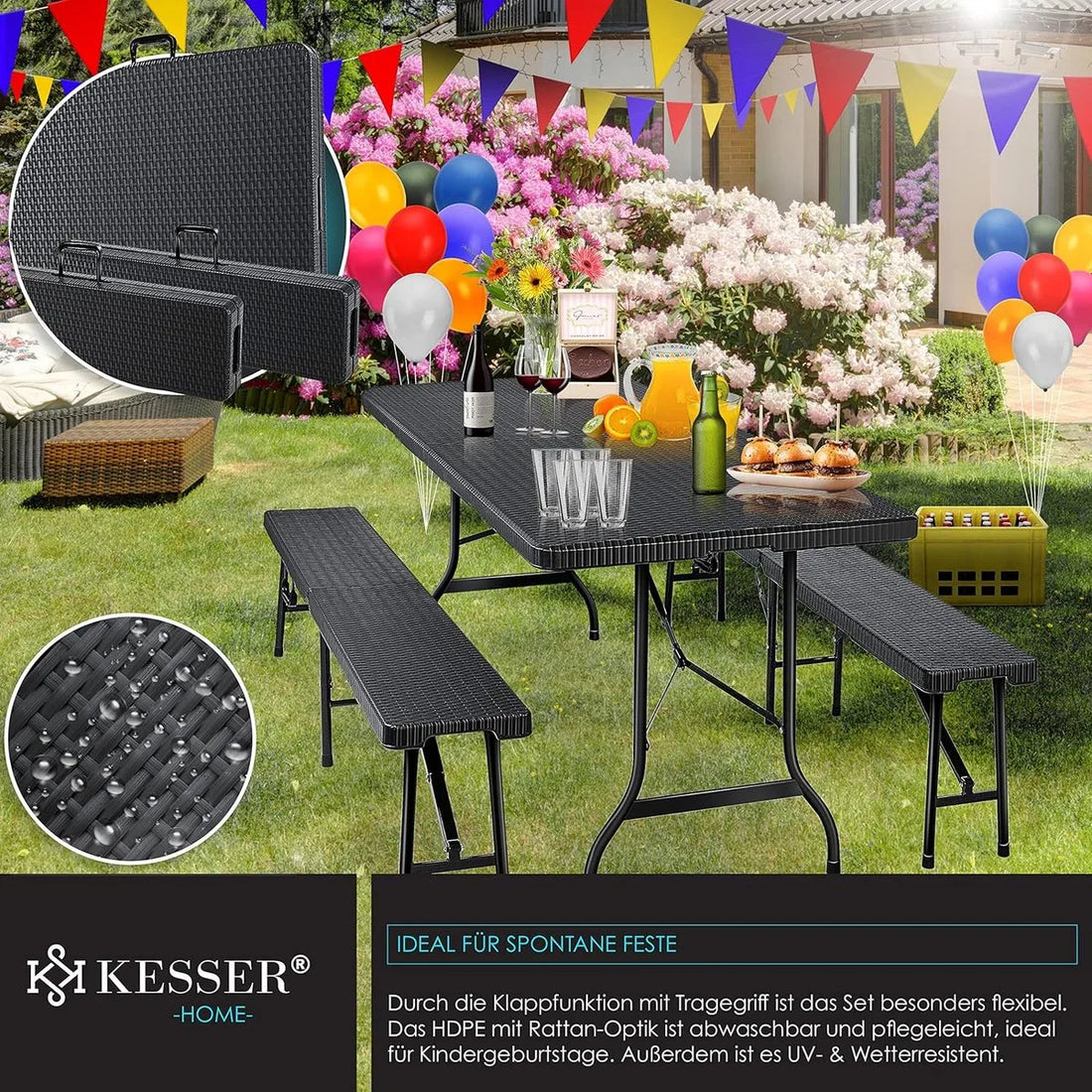 FurnStar - Tuintafel - opvouwbare tafelset 73 x 180 x 75 cm - 2 x borrelbanken 1 x tafel - tuintafel met inklapbaar handvat - Rotan-look