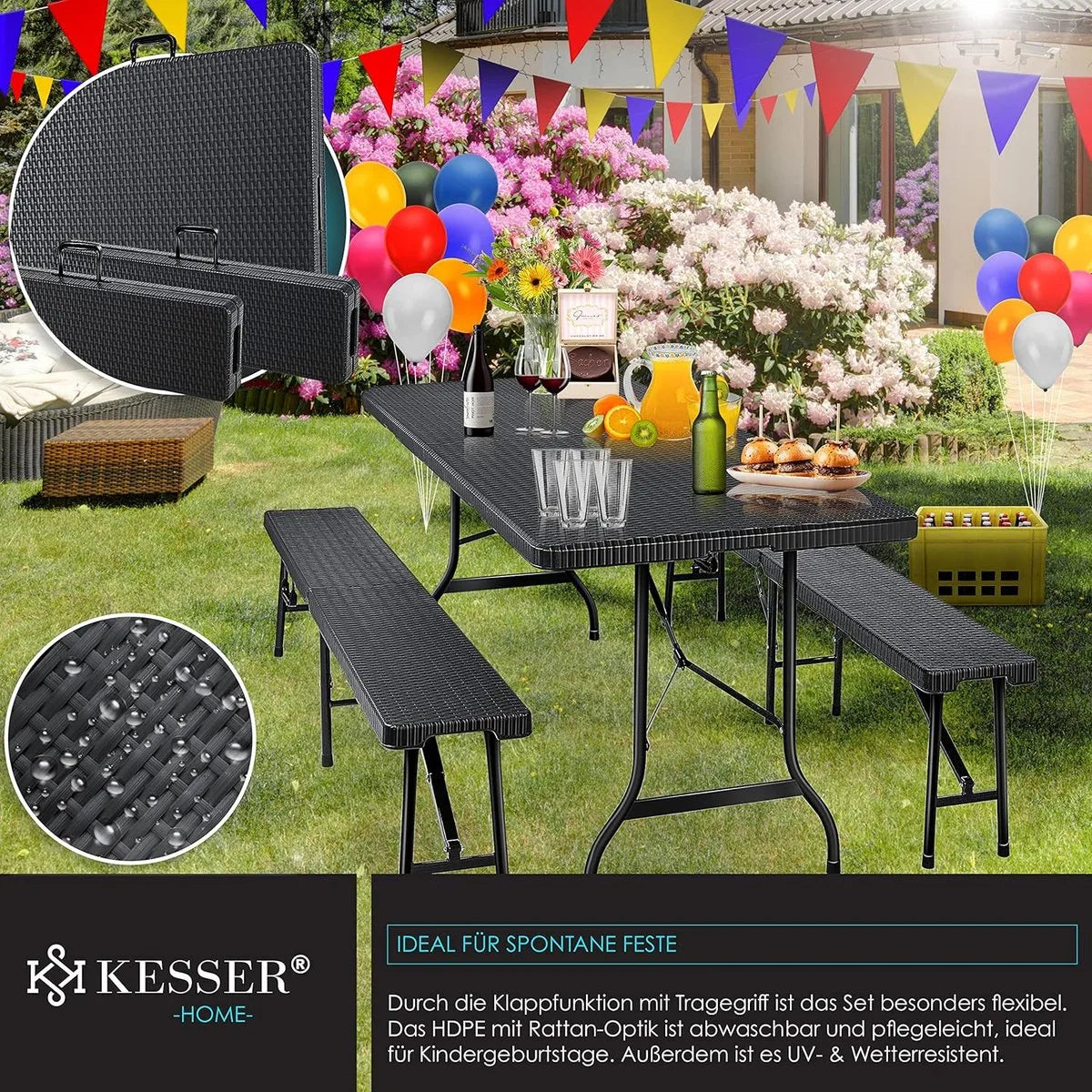 FurnStar - Tuintafel - opvouwbare tafelset 73 x 180 x 75 cm - 2 x borrelbanken 1 x tafel - tuintafel met inklapbaar handvat - Rotan-look