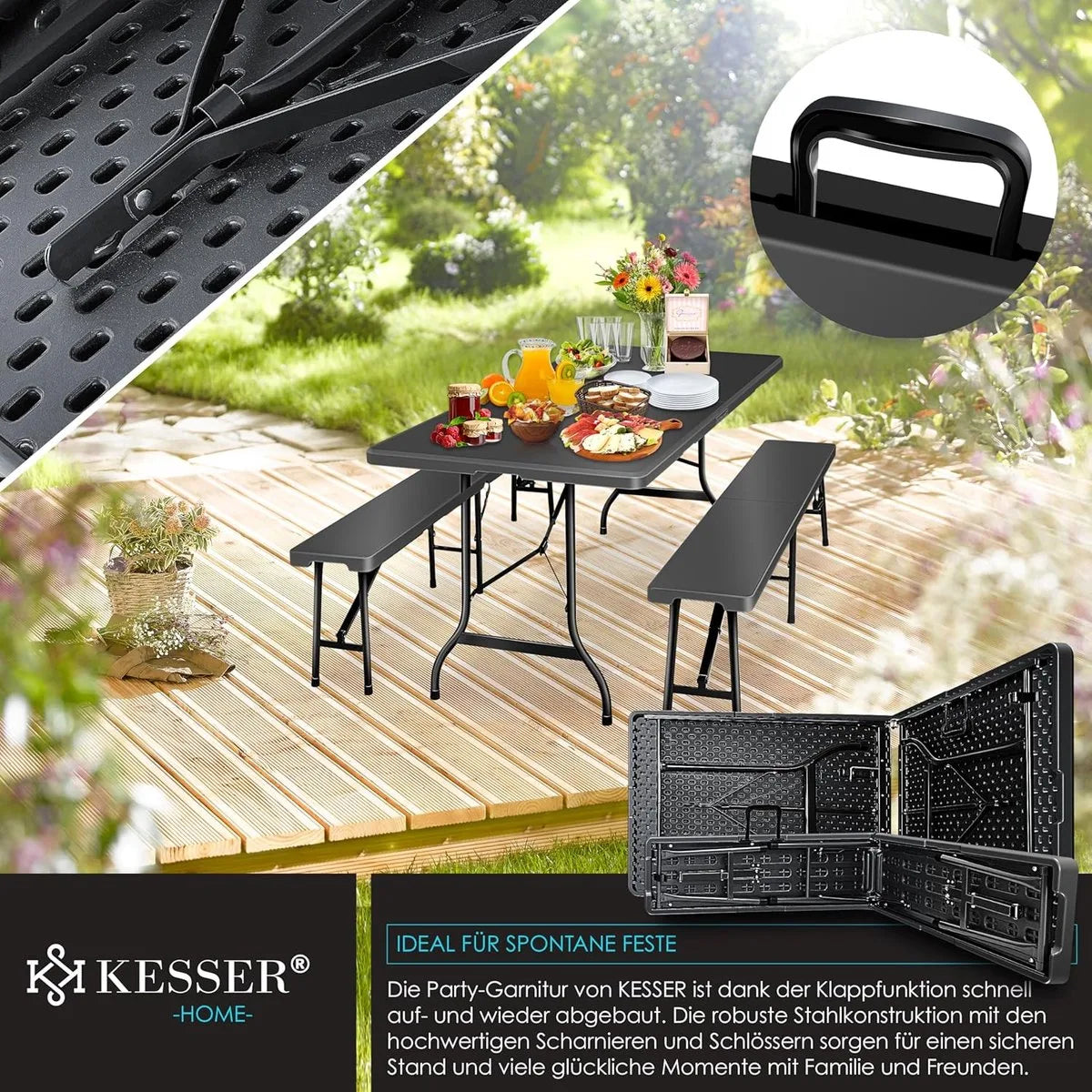 FurnStar - Tuintafel - opvouwbare tafelset 73 x 180 x 75 cm - 2 x borrelbanken 1 x tafel - tuintafel met inklapbaar handvat - Glad zwart