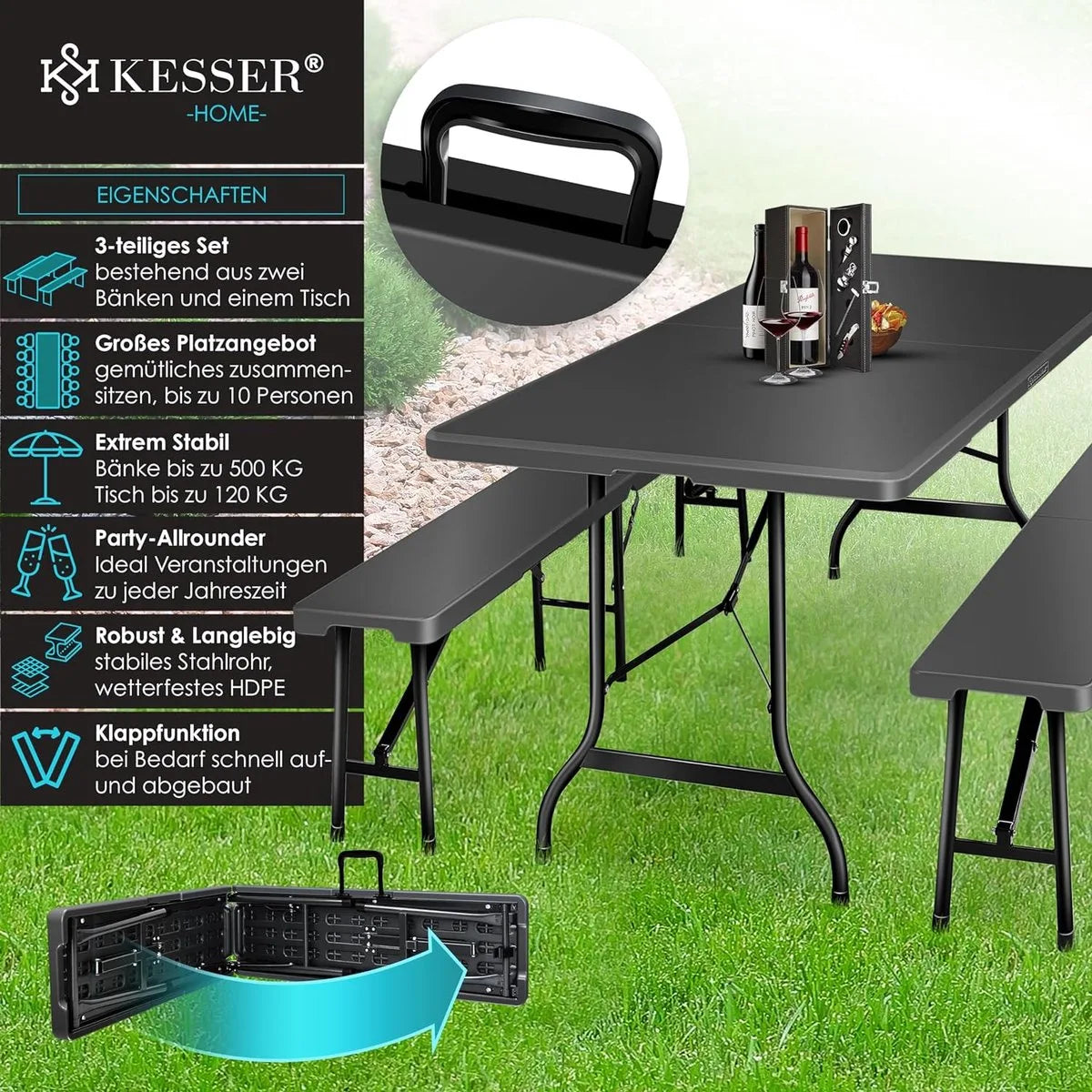 FurnStar - Tuintafel - opvouwbare tafelset 73 x 180 x 75 cm - 2 x borrelbanken 1 x tafel - tuintafel met inklapbaar handvat - Glad zwart