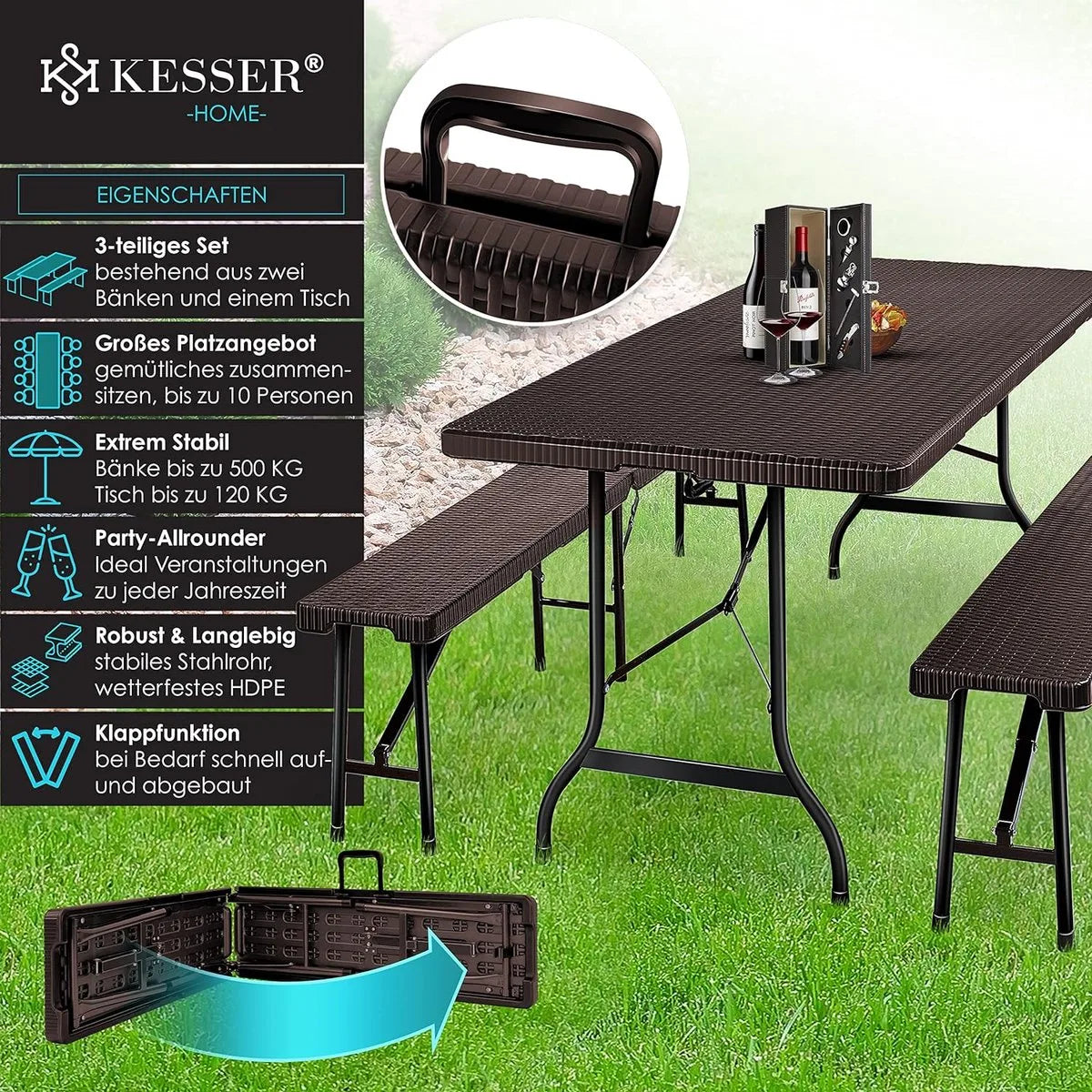 FurnStar - Tuintafel - opvouwbare tafelset 73 x 180 x 75 cm - 2 x borrelbanken 1 x tafel - tuintafel met inklapbaar handvat - Rotan-Look