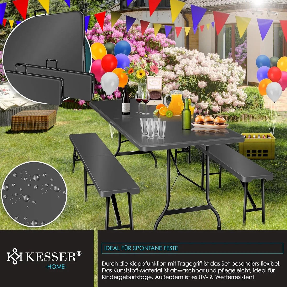 FurnStar - Tuintafel - opvouwbare tafelset 73 x 180 x 75 cm - 2 x borrelbanken 1 x tafel - tuintafel met inklapbaar handvat - Rotan-look – Glad zwart