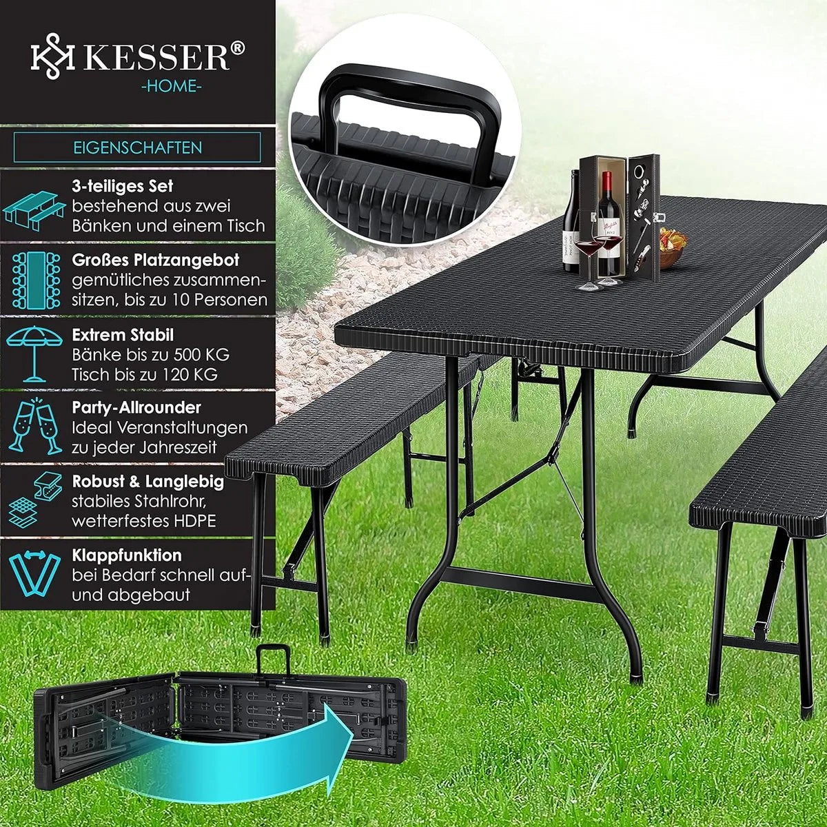 FurnStar - Tuintafel - opvouwbare tafelset 73 x 180 x 75 cm - 2 x borrelbanken 1 x tafel - tuintafel met inklapbaar handvat - Rotan-look