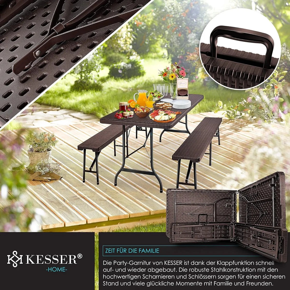 FurnStar - Tuintafel - opvouwbare tafelset 73 x 180 x 75 cm - 2 x borrelbanken 1 x tafel - tuintafel met inklapbaar handvat - Rotan-Look