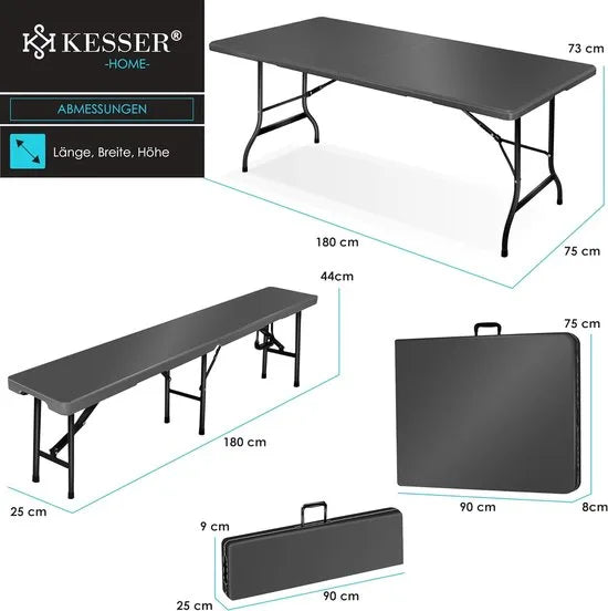 FurnStar - Tuintafel - opvouwbare tafelset 73 x 180 x 75 cm - 2 x borrelbanken 1 x tafel - tuintafel met inklapbaar handvat - Glad zwart