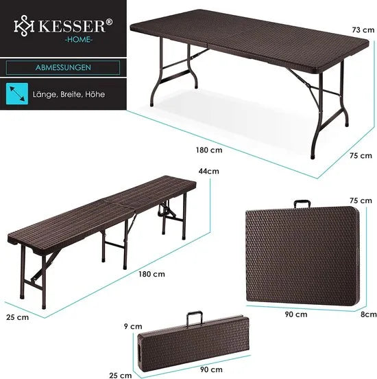 FurnStar - Tuintafel - opvouwbare tafelset 73 x 180 x 75 cm - 2 x borrelbanken 1 x tafel - tuintafel met inklapbaar handvat - Rotan-Look