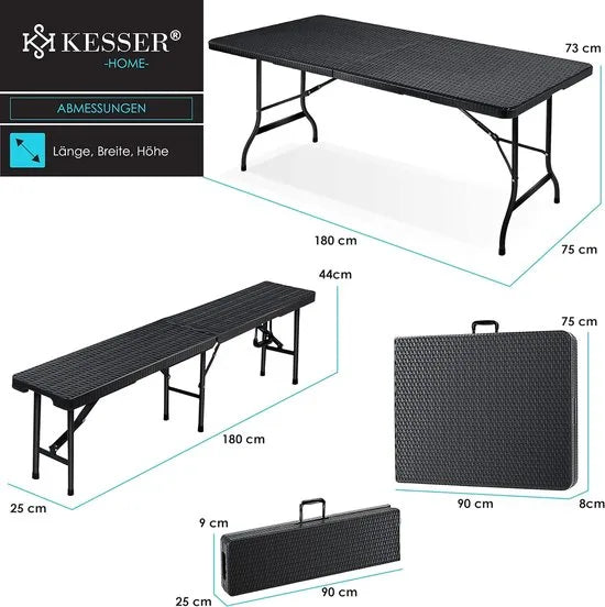 FurnStar - Tuintafel - opvouwbare tafelset 73 x 180 x 75 cm - 2 x borrelbanken 1 x tafel - tuintafel met inklapbaar handvat - Rotan-look