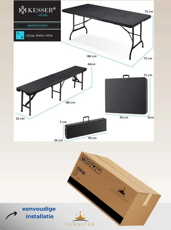 FurnStar - Tuintafel - opvouwbare tafelset 73 x 180 x 75 cm - 2 x borrelbanken 1 x tafel - tuintafel met inklapbaar handvat - Rotan-look