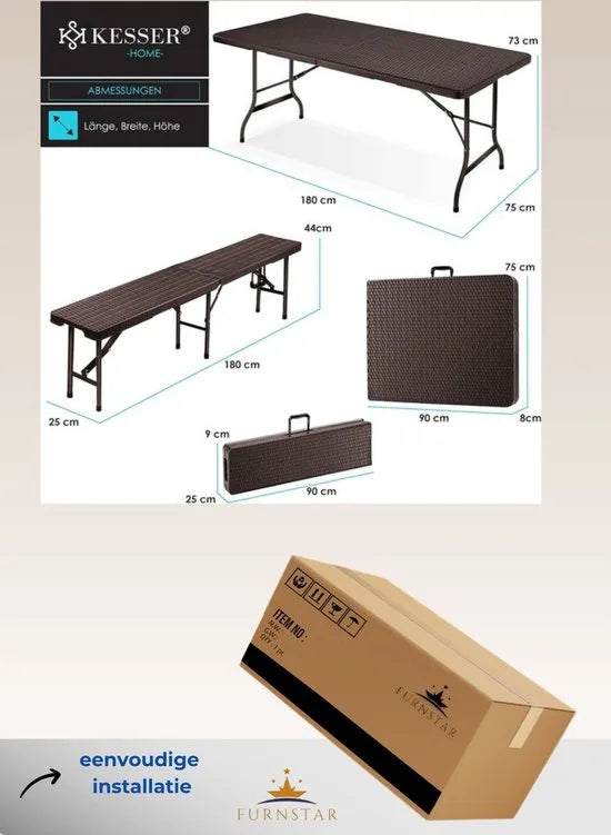 FurnStar - Tuintafel - opvouwbare tafelset 73 x 180 x 75 cm - 2 x borrelbanken 1 x tafel - tuintafel met inklapbaar handvat - Rotan-Look