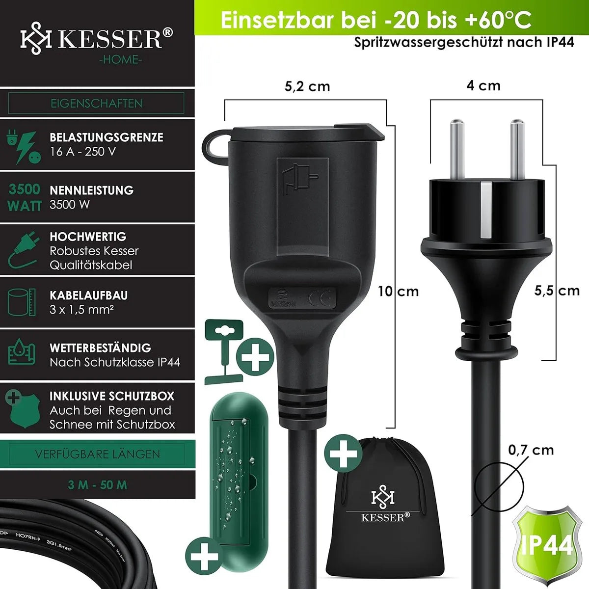 FurnStar - Verlengsnoer - 3 m met beschermkap voor buiten - voor binnen en buiten - verlengsnoer - 230 V IP44 - met geaarde stekker - geaard contact - bouwplaatskabel geaarde stekker