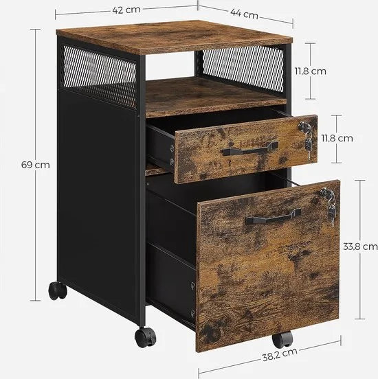 Furnstar Verrijdbare Archiefkast met 2 Afsluitbare Laden – Industrieel Design – Commode - Met slot - 44x42x69cm - Bruin/Zwart