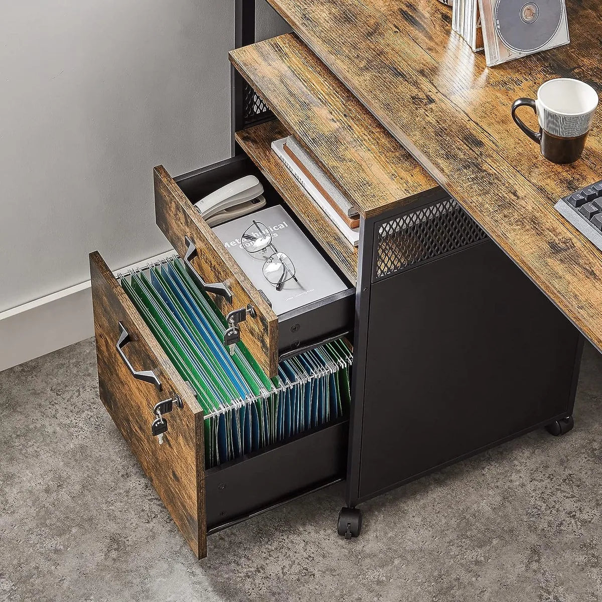 Furnstar Verrijdbare Archiefkast met 2 Afsluitbare Laden – Industrieel Design – Commode - Met slot - 44x42x69cm - Bruin/Zwart