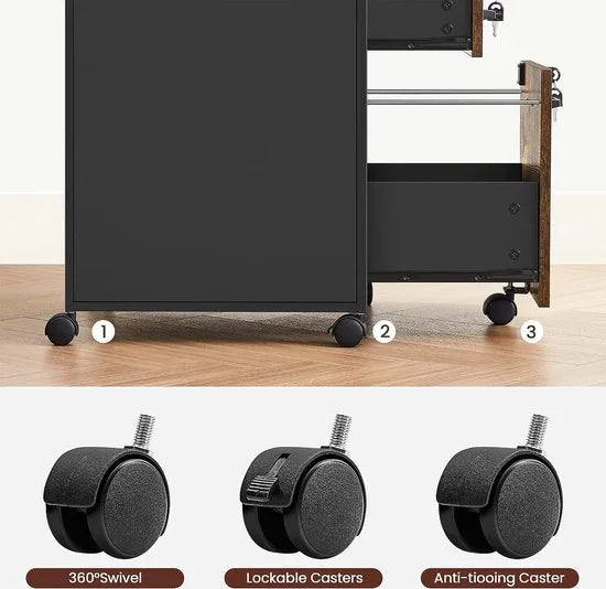 Furnstar Verrijdbare Archiefkast met 2 Afsluitbare Laden – Industrieel Design – Commode - Met slot - 44x42x69cm - Bruin/Zwart
