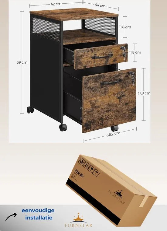 Furnstar Verrijdbare Archiefkast met 2 Afsluitbare Laden – Industrieel Design – Commode - Met slot - 44x42x69cm - Bruin/Zwart