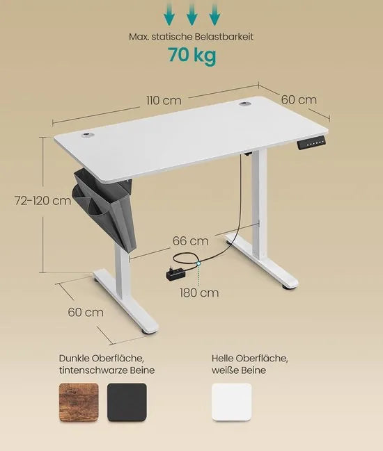 FurnStar Verstelbaar Bureau – Elektrisch In Hoogte Verstelbaar – Bureau Tafel met Geheugenfunctie voor 4 Hoogtes – Voor Thuiskantoor of Werkkamer – 60 x 110 x (72-120) cm – Wit