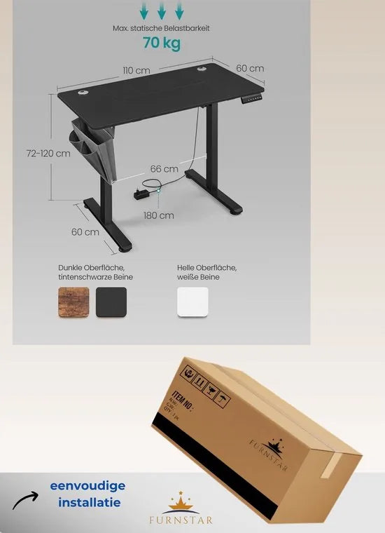 FurnStar Verstelbaar Bureau – Elektrisch In Hoogte Verstelbaar – Bureau Tafel met Geheugenfunctie voor 4 Hoogtes – Voor Thuiskantoor of Werkkamer – 60 x 110 x (72-120) cm – Inktzwart