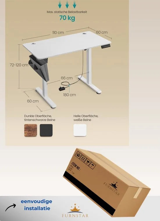 FurnStar Verstelbaar Bureau – Elektrisch In Hoogte Verstelbaar – Bureau Tafel met Geheugenfunctie voor 4 Hoogtes – Voor Thuiskantoor of Werkkamer – 60 x 110 x (72-120) cm – Wit