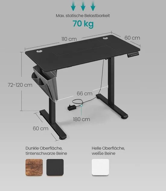 FurnStar Verstelbaar Bureau – Elektrisch In Hoogte Verstelbaar – Bureau Tafel met Geheugenfunctie voor 4 Hoogtes – Voor Thuiskantoor of Werkkamer – 60 x 110 x (72-120) cm – Inktzwart