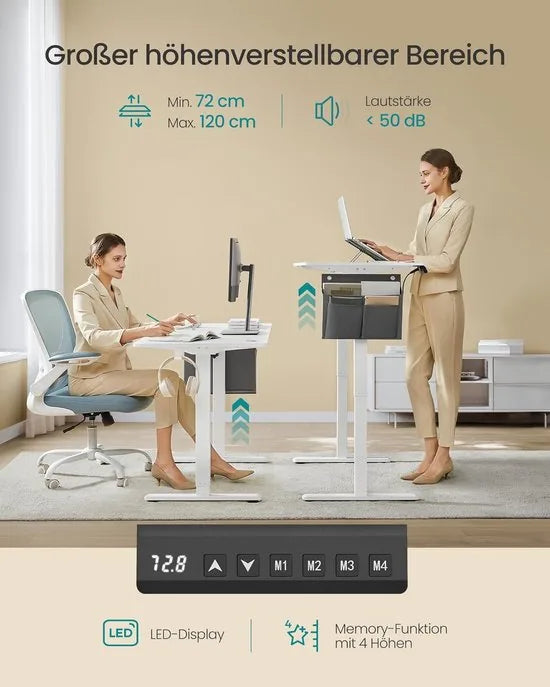 FurnStar Verstelbaar Bureau – Elektrisch In Hoogte Verstelbaar – Bureau Tafel met Geheugenfunctie voor 4 Hoogtes – Voor Thuiskantoor of Werkkamer – 60 x 110 x (72-120) cm – Wit