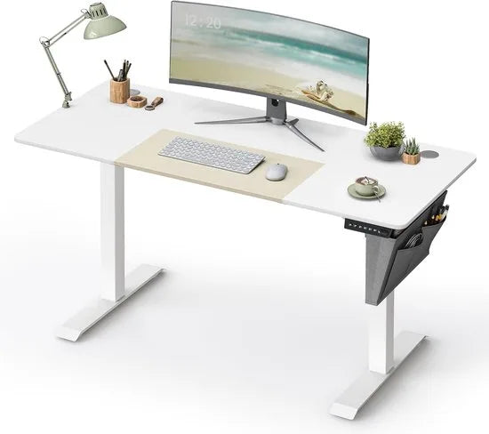 FurnStar - Verstelbaar bureau - In hoogte verstelbaar bureau elektrisch - bureau tafel - verstelbaar bureau elektrisch - , 60 x 140 x (72-120) cm - geheugenfunctie voor 4 hoogtes - voor thuiskantoor - werkkamer - basiswit + beige.