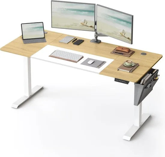 FurnStar - Verstelbaar Bureau - In Hoogte Verstelbaar Bureau Elektrisch - Bureau Tafel - Verstelbaar Bureau Elektrisch - 70 x 160 x (72-120) cm - Geheugenfunctie voor 4 Hoogtes - Voor Thuiskantoor - Werkkamer - Pastelgeel + Basiswit