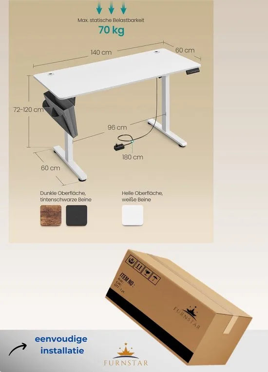 FurnStar - Verstelbaar bureau - In hoogte verstelbaar bureau elektrisch - bureau tafel - verstelbaar bureau elektrisch - , 60 x 140 x (72-120) cm - geheugenfunctie voor 4 hoogtes - voor thuiskantoor - werkkamer - wolkenwit.