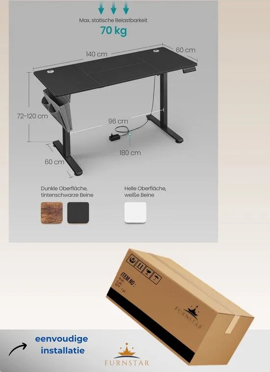 FurnStar - Verstelbaar bureau - In hoogte verstelbaar bureau elektrisch - bureau tafel - verstelbaar bureau elektrisch - , 60 x 140 x (72-120) cm - geheugenfunctie voor 4 hoogtes - voor thuiskantoor - werkkamer - Inktzwart.