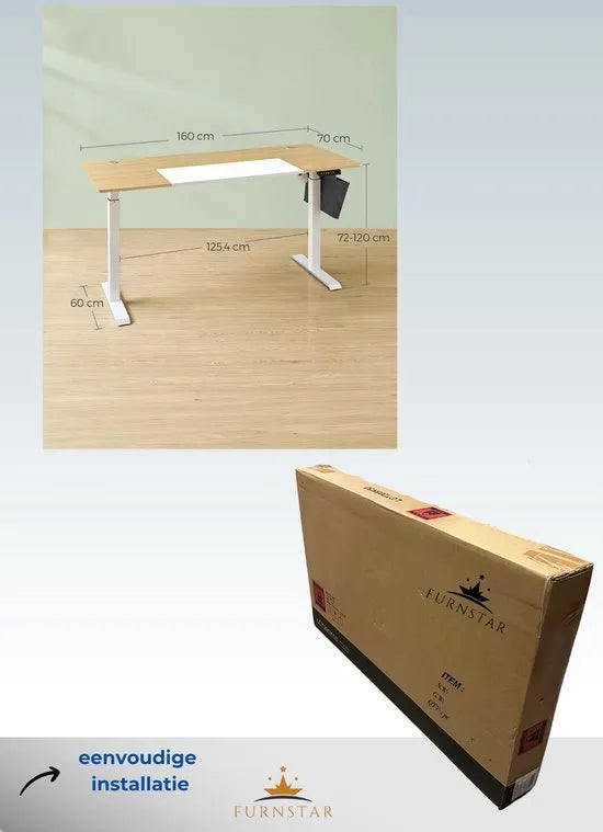 FurnStar - Verstelbaar Bureau - In Hoogte Verstelbaar Bureau Elektrisch - Bureau Tafel - Verstelbaar Bureau Elektrisch - 70 x 160 x (72-120) cm - Geheugenfunctie voor 4 Hoogtes - Voor Thuiskantoor - Werkkamer - Pastelgeel + Basiswit