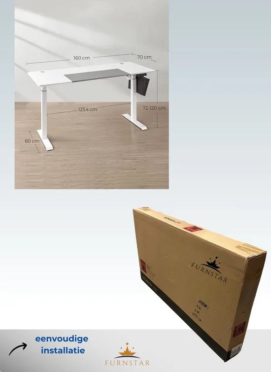 FurnStar - Verstelbaar bureau - In hoogte verstelbaar bureau elektrisch - bureau tafel - verstelbaar bureau elektrisch - , 70 x 160 x (72-120) cm - geheugenfunctie voor 4 hoogtes - voor thuiskantoor - werkkamer - Basiswit + duifgrijs