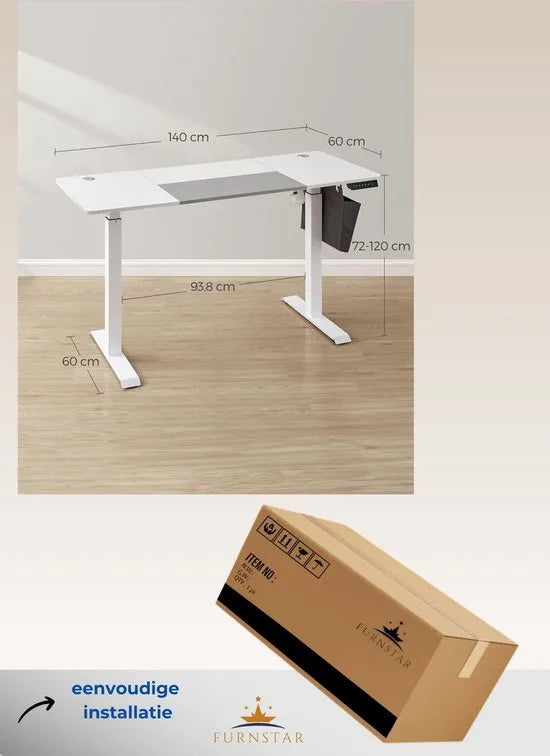 FurnStar - Verstelbaar bureau - In hoogte verstelbaar bureau elektrisch - bureau tafel - verstelbaar bureau elektrisch - , 60 x 140 x (72-120) cm - geheugenfunctie voor 4 hoogtes - voor thuiskantoor - werkkamer - Basiswit + duifgrijs.