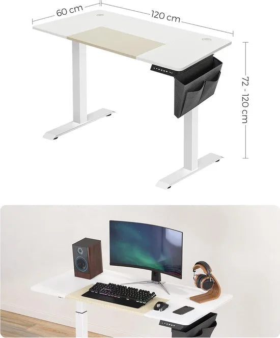 FurnStar - Verstelbaar bureau - In hoogte verstelbaar bureau elektrisch - bureau tafel - verstelbaar bureau elektrisch - 60 x 120 x (72-120) cm - geheugenfunctie voor 4 hoogtes - voor thuiskantoor - werkkamer - basiswit + beige