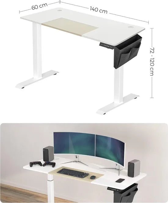 FurnStar - Verstelbaar bureau - In hoogte verstelbaar bureau elektrisch - bureau tafel - verstelbaar bureau elektrisch - 60 x 120 x (72-120) cm - geheugenfunctie voor 4 hoogtes - voor thuiskantoor - w – Basiswit + beige. 60 x 140