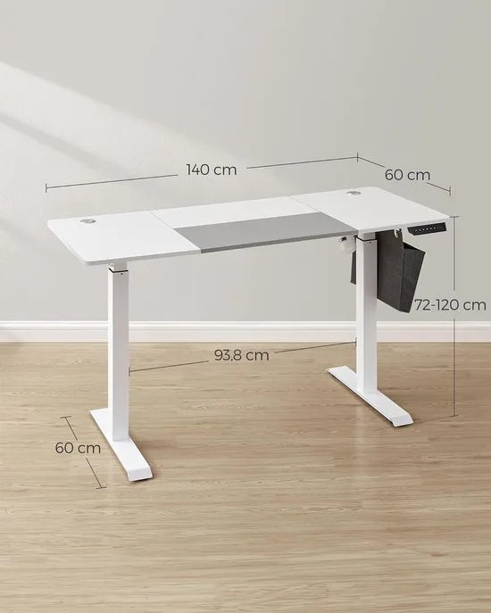 FurnStar - Verstelbaar bureau - In hoogte verstelbaar bureau elektrisch - bureau tafel - verstelbaar bureau elektrisch - , 60 x 140 x (72-120) cm - geheugenfunctie voor 4 hoogtes - voor thuiskantoor - werkkamer - Basiswit + duifgrijs.