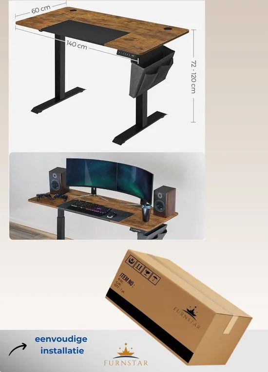 FurnStar - Verstelbaar bureau - In hoogte verstelbaar bureau elektrisch - bureau tafel - verstelbaar bureau elektrisch - , 60 x 140 x (72-120) cm - geheugenfunctie voor 4 hoogtes - voor thuiskantoor - werkkamer - vintage bruin + basiszwart.
