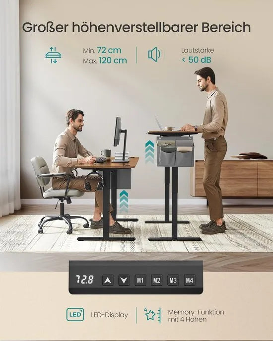 FurnStar - Verstelbaar bureau - In hoogte verstelbaar bureau elektrisch - bureau tafel - verstelbaar bureau elektrisch - , 60 x 140 x (72-120) cm - geheugenfunctie voor 4 hoogtes - voor thuiskantoor - werkkamer - vintage bruin + inktzwart.