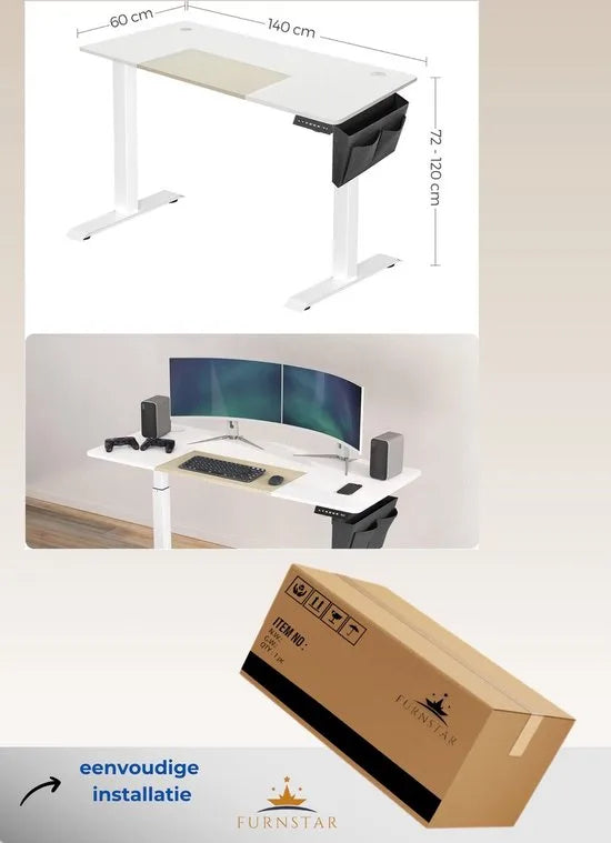 FurnStar - Verstelbaar bureau - In hoogte verstelbaar bureau elektrisch - bureau tafel - verstelbaar bureau elektrisch - , 60 x 140 x (72-120) cm - geheugenfunctie voor 4 hoogtes - voor thuiskantoor - werkkamer - basiswit + beige.
