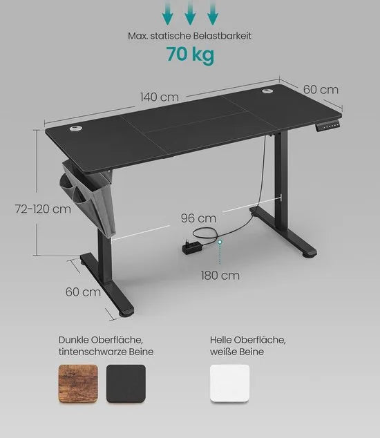 FurnStar - Verstelbaar bureau - In hoogte verstelbaar bureau elektrisch - bureau tafel - verstelbaar bureau elektrisch - , 60 x 140 x (72-120) cm - geheugenfunctie voor 4 hoogtes - voor thuiskantoor - werkkamer - Inktzwart.