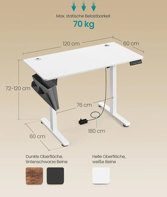 FurnStar - Verstelbaar bureau - In hoogte verstelbaar bureau elektrisch - bureau tafel - verstelbaar bureau elektrisch - 60 x 120 x (72-120) cm - geheugenfunctie voor 4 hoogtes - voor thuiskantoor - w – Wolkenwit 60 x 120