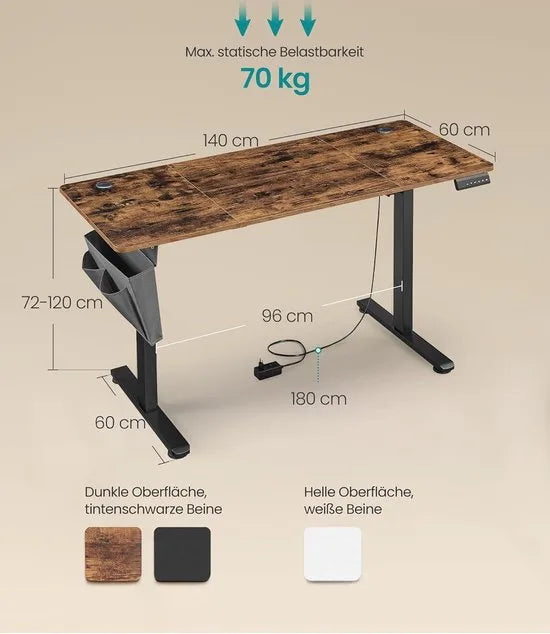 FurnStar - Verstelbaar bureau - In hoogte verstelbaar bureau elektrisch - bureau tafel - verstelbaar bureau elektrisch - , 60 x 140 x (72-120) cm - geheugenfunctie voor 4 hoogtes - voor thuiskantoor - werkkamer - vintage bruin + inktzwart.