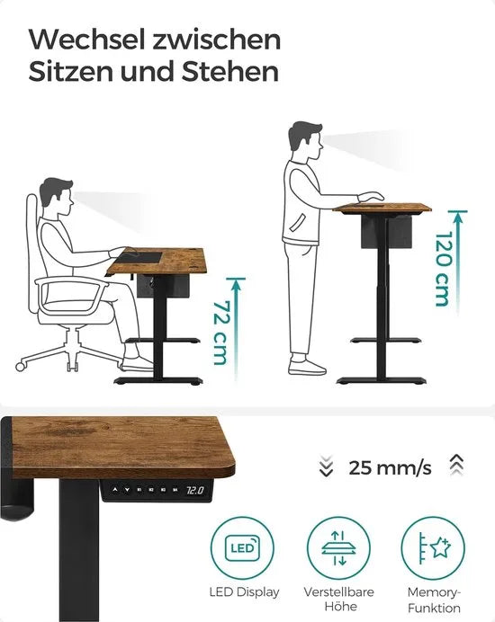 FurnStar - Verstelbaar bureau - In hoogte verstelbaar bureau elektrisch - bureau tafel - verstelbaar bureau elektrisch - , 60 x 140 x (72-120) cm - geheugenfunctie voor 4 hoogtes - voor thuiskantoor - werkkamer - vintage bruin + basiszwart.