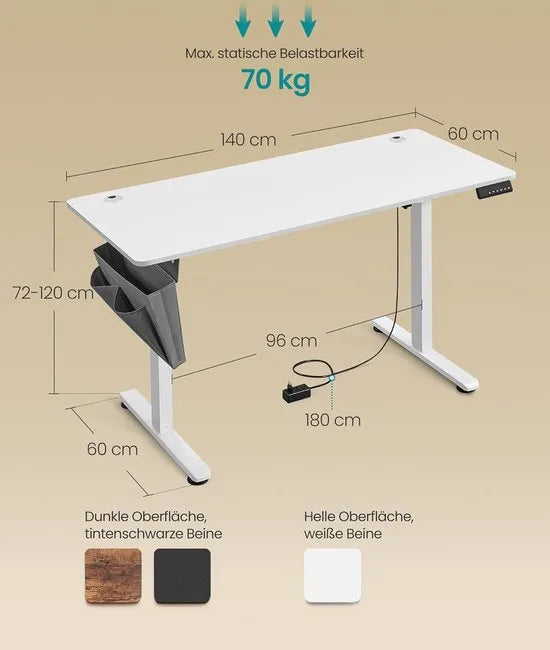 FurnStar - Verstelbaar bureau - In hoogte verstelbaar bureau elektrisch - bureau tafel - verstelbaar bureau elektrisch - , 60 x 140 x (72-120) cm - geheugenfunctie voor 4 hoogtes - voor thuiskantoor - werkkamer - wolkenwit.