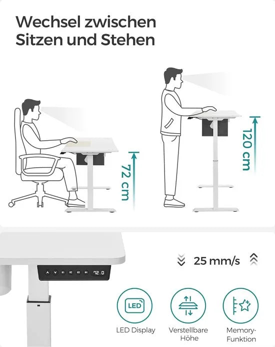 FurnStar - Verstelbaar bureau - In hoogte verstelbaar bureau elektrisch - bureau tafel - verstelbaar bureau elektrisch - 60 x 120 x (72-120) cm - geheugenfunctie voor 4 hoogtes - voor thuiskantoor - w – Basiswit + beige. 60 x 140
