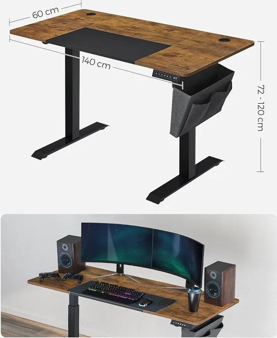FurnStar - Verstelbaar bureau - In hoogte verstelbaar bureau elektrisch - bureau tafel - verstelbaar bureau elektrisch - , 60 x 140 x (72-120) cm - geheugenfunctie voor 4 hoogtes - voor thuiskantoor - werkkamer - vintage bruin + basiszwart.