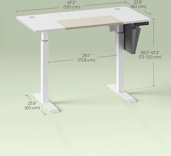 FurnStar - Verstelbaar bureau - In hoogte verstelbaar bureau elektrisch - bureau tafel - verstelbaar bureau elektrisch - 60 x 120 x (72-120) cm - geheugenfunctie voor 4 hoogtes - voor thuiskantoor - werkkamer - basiswit + beige